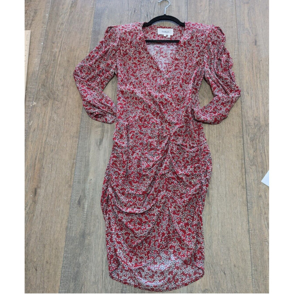 BA@SH Dress Womens Medium Red Floral Print 3/4 Rouched Sleeve V Neck Sheath - Picture 2 of 11